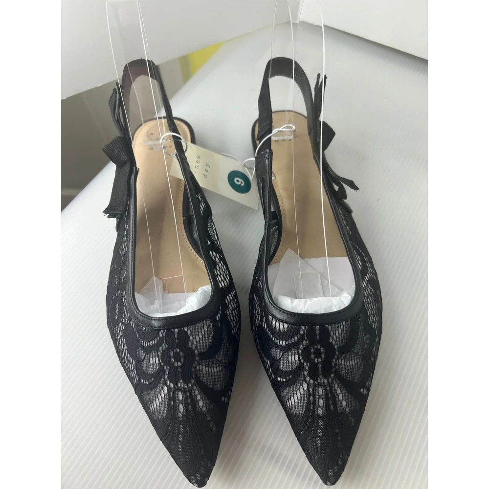 A New Day Womens Black Lace Slingback Flats Pointed Toe Bow Detail‎ Size 9 NWT